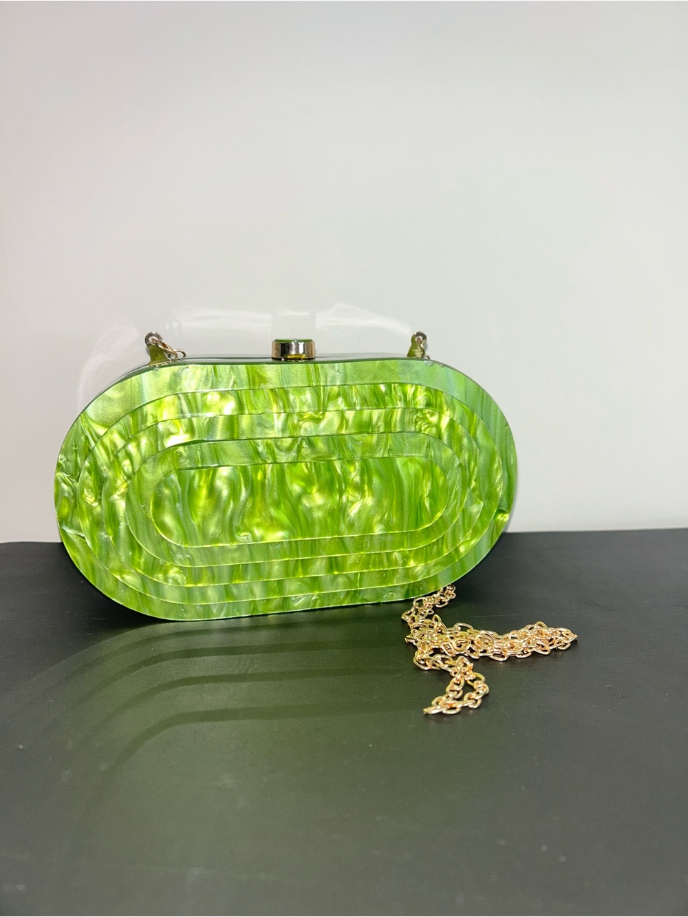 Green Acrylic Oval Clutch with Gold Chain